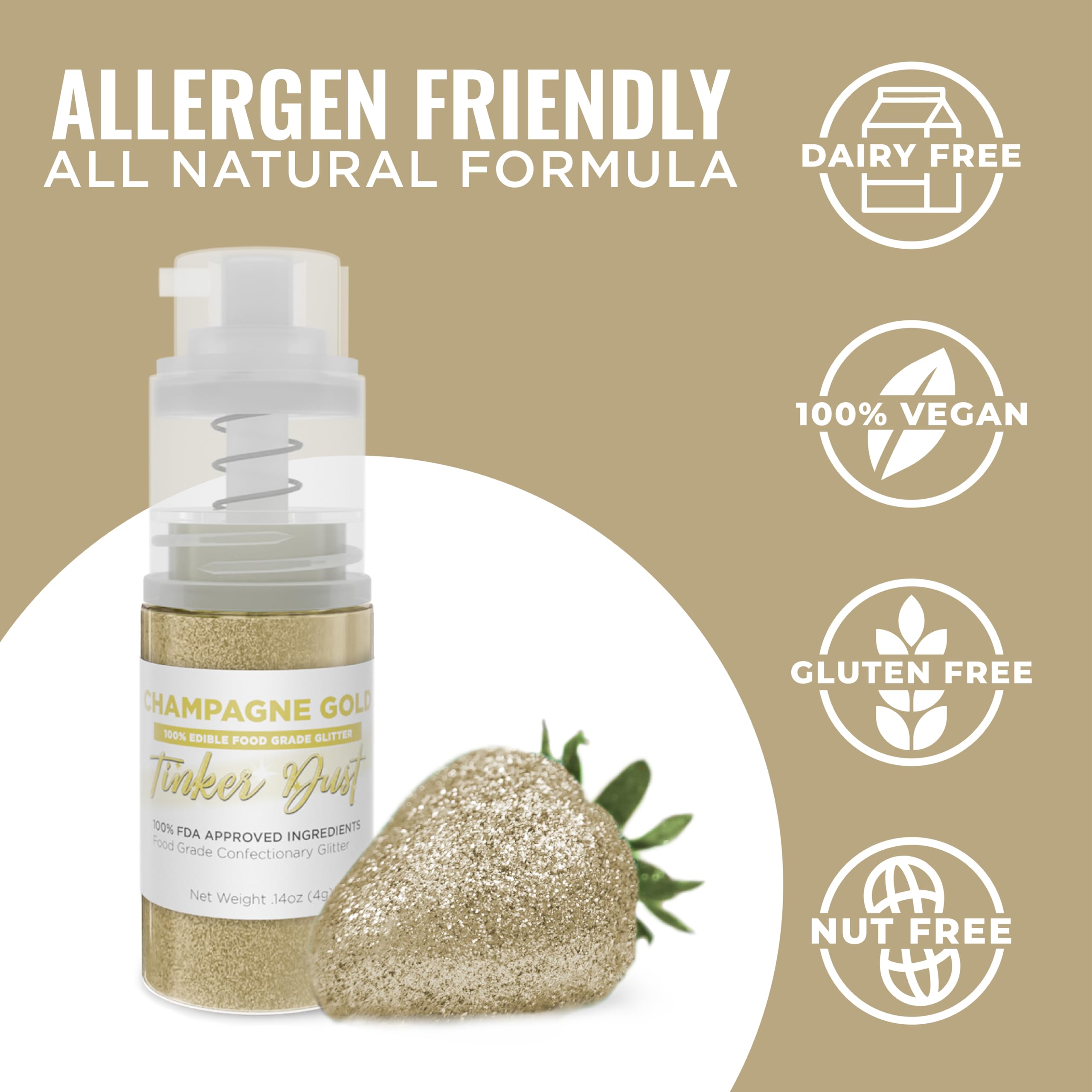 Bakell - Champagne Gold Tinker Dust (4g, 1x Mini Spray Pump) Edible Glitter for Food, Desserts, and Baked goods!