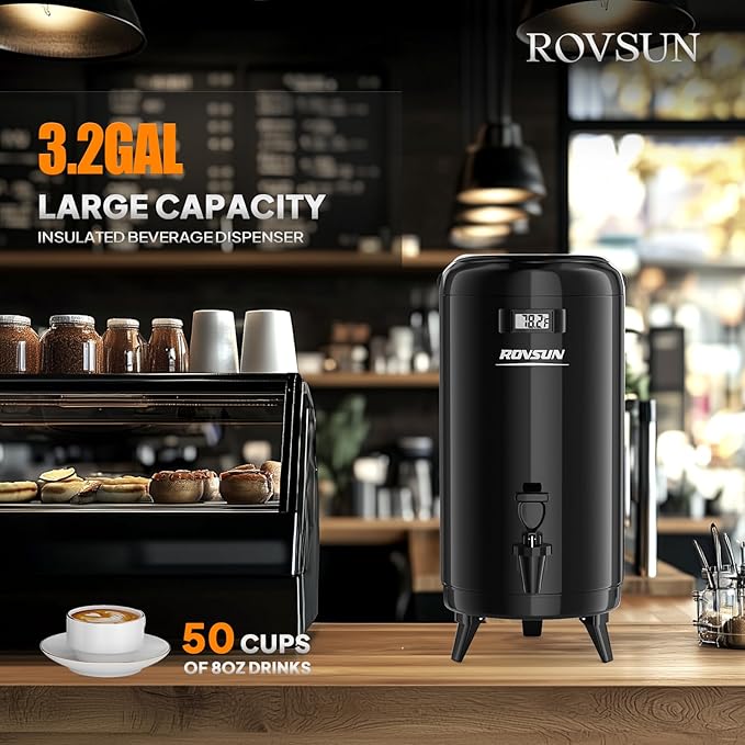 ROVSUN 3.2 Gallon Insulated Beverage Dispenser, Stainless Steel Hot and Cold Drink Dispenser, Ice and Hot Drink Server w/Spigot, Hot and Cold Beverage Server for Coffee, Tea, Milk & Juice