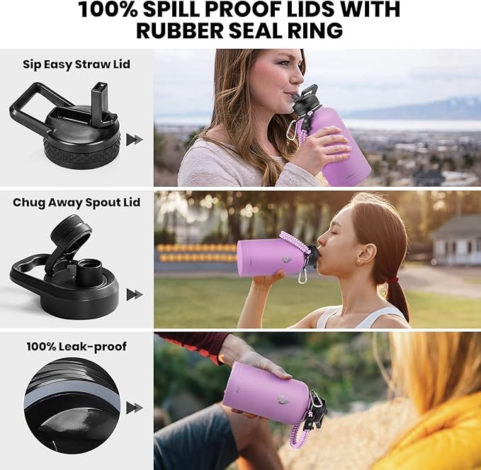 Insulated Water Bottle 64 oz, Triple Wall Vacuum Stainless Steel (Cold for 48 Hrs), Leak Proof & Non-BPA, Half Gallon Water Flask Jug with Paracord Handle & Straw Spout Lids, Lilac