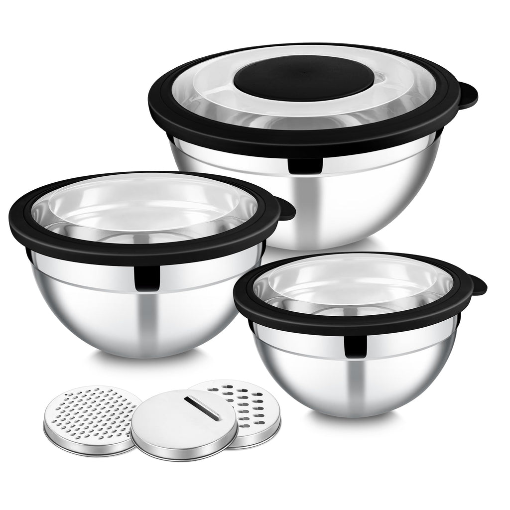 E-far Mixing Bowls with Lids and Graters, Stainless Steel Salad Mixing Bowl with Transparent Lid Set of 3, Metal Nesting Salad Storage for Kitchen Prepping/Serving/Baking, 4.6/2.6/1.5QT - Black