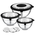 E-far Mixing Bowls with Lids and Graters, Stainless Steel Salad Mixing Bowl with Transparent Lid Set of 3, Metal Nesting Salad Storage for Kitchen Prepping/Serving/Baking, 4.6/2.6/1.5QT - Black