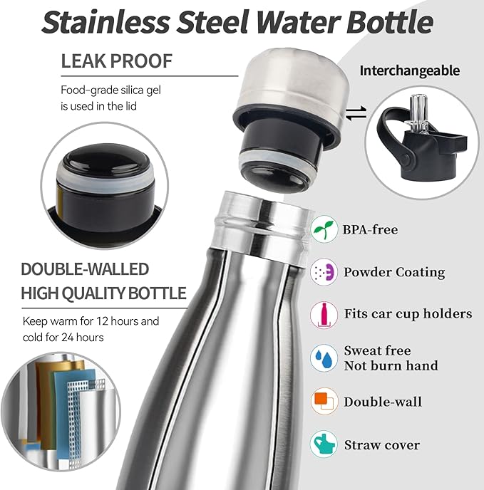 Insulated Water Bottle, 2 Pack-9oz Stainless Steel Water Bottles with straw lid, Metal Sports Water Bottles for Boys,Girls, Double Wall Vacuum BPA-Free Flask for Sports (Black-Sliver)