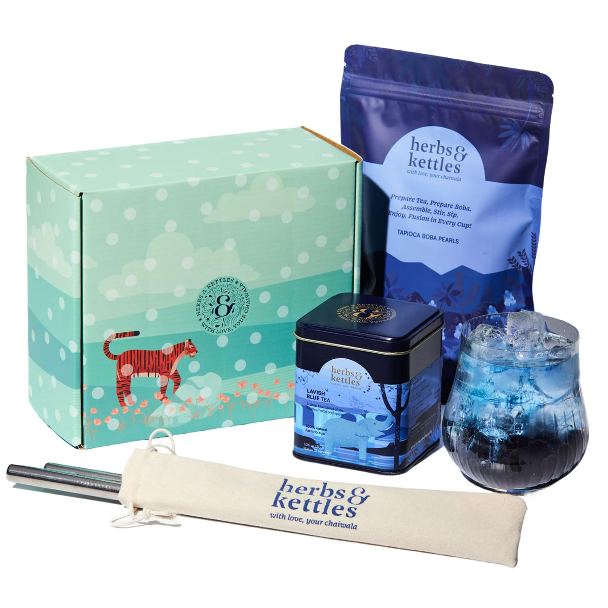 Herbs & Kettles Blue Chai Boba Kit | Butterfly Pea Flower Chai with Ginger, Cardamom, Cloves & Cinnamon + Chewy Tapioca Pearls | Complete DIY Caffeine-Free Bubble Tea Kit with Reusable Straws |