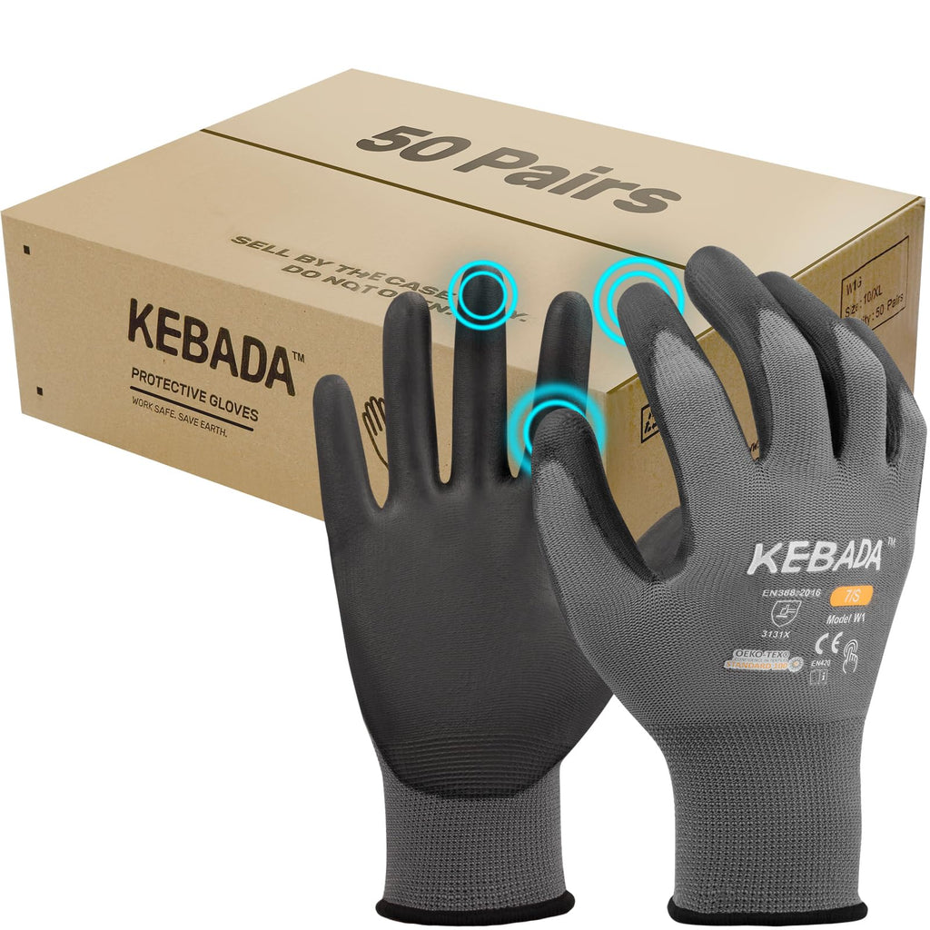 Kebada W1 Safety Work Gloves for Men & Women, 50 Pairs Bulk Pack, PU Coated