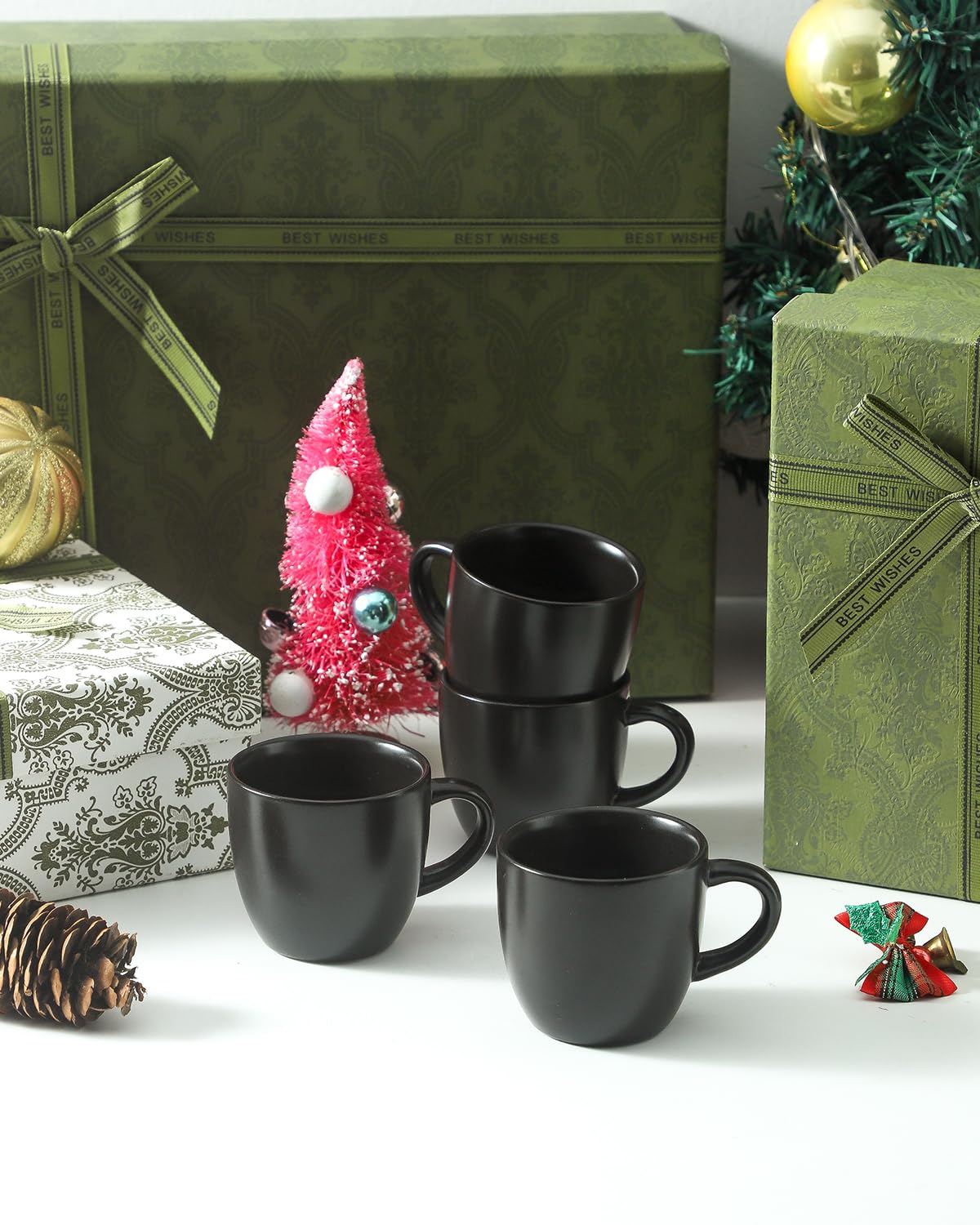 HASENSE 3 OZ Espresso Cups, Ceramic Demitasse Cups Set of 4 for Double shot, Stackable Coffee Cups with Handle for Espresso, Ristretto, Cappuccino, Coffee Mugs for Home and Office, Black