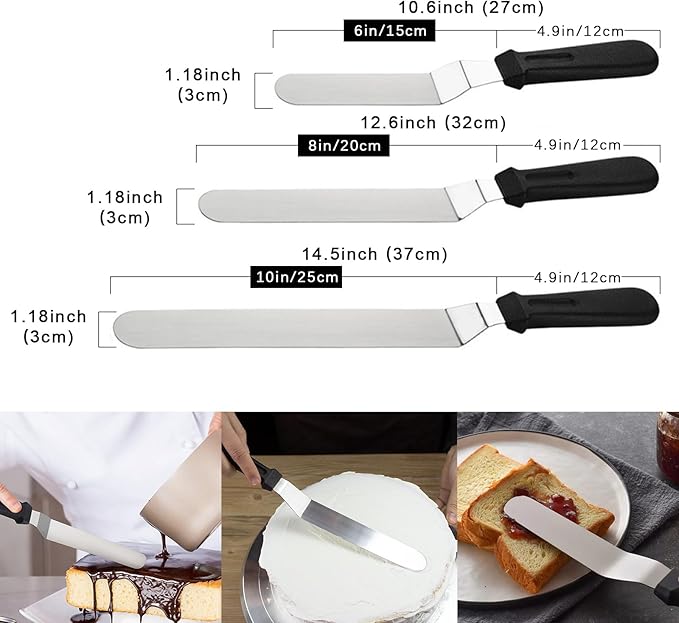 Offset Spatula Set with Pink Cake Scrapers, 3 Pack Angled Frosting Spatulas (6, 8, 10 inch) & 3 Cake Smoother Scrapers, Stainless Steel Icing Spatula for Cake Decorating, Baking & Pastry