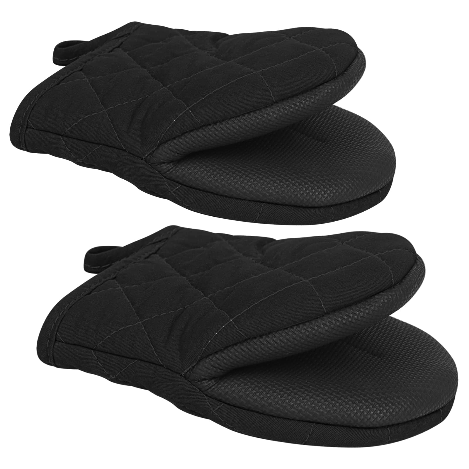 Short Oven Mitts, Heat Resistant 500°F, Silicone Grip Kitchen Gloves, Non-Slip for Baking, Grilling, BBQ, Machine Washable with Hanging Loop, 2-Pack Set, Black