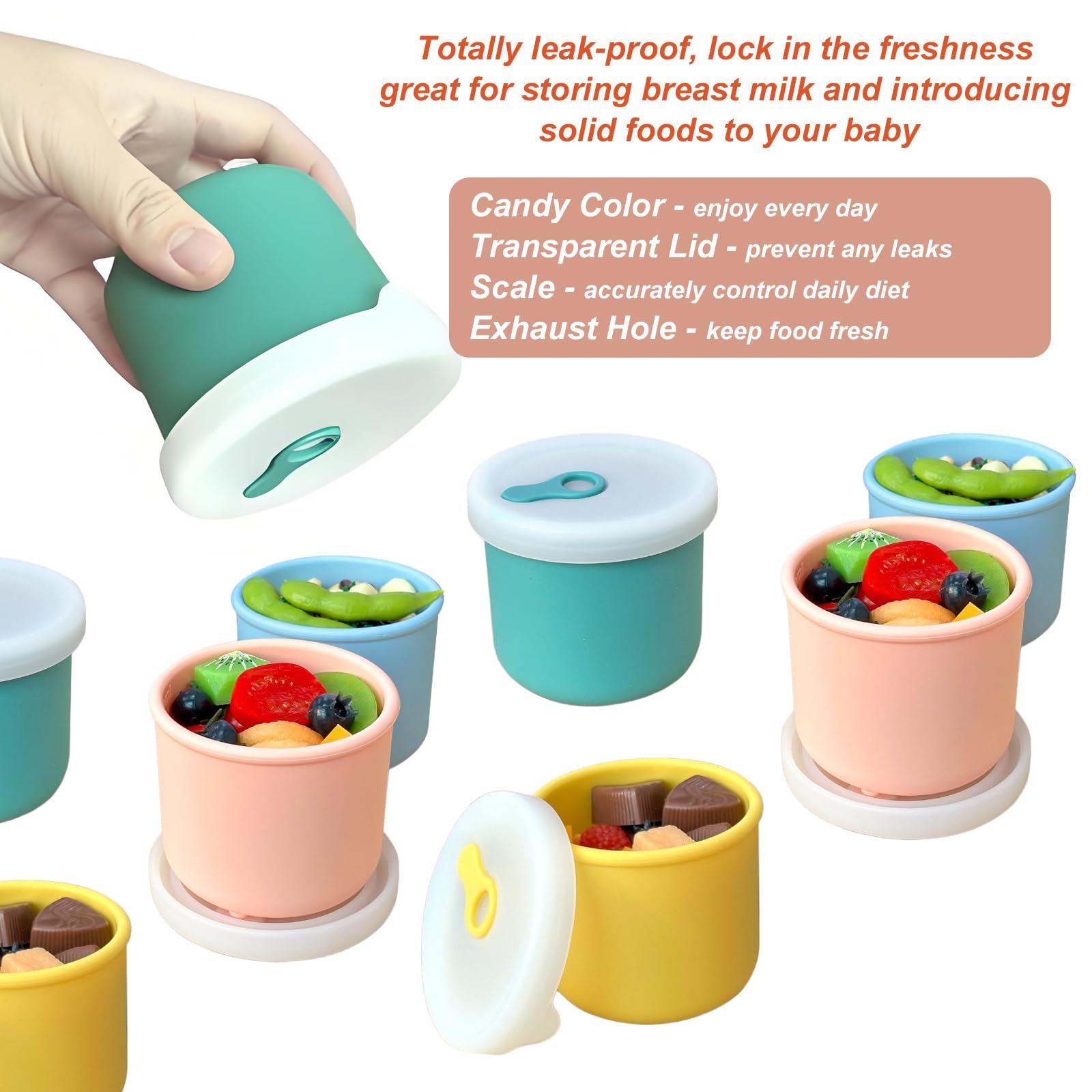 8.5 OZ Silicone Food Storage Containers, Baby Food Storage Jars with Airtight Lids and Snack Cup Lid, Freezer, Microwave and Dishwasher Safe, Reusable Snack Containers for Kids, Infant, Toddler, 4 Pcs