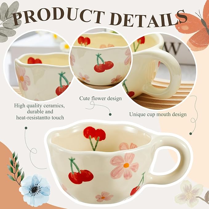 Vesici 2 Pcs Ceramic Coffee Mugs Flower Cups with Spoon Vintage Floral Mugs with Handle 8.5 oz Aesthetic Tea Porcelain Cup Gift for Valentine Office Home, Dishwasher and Microwave Safe(Cherry)