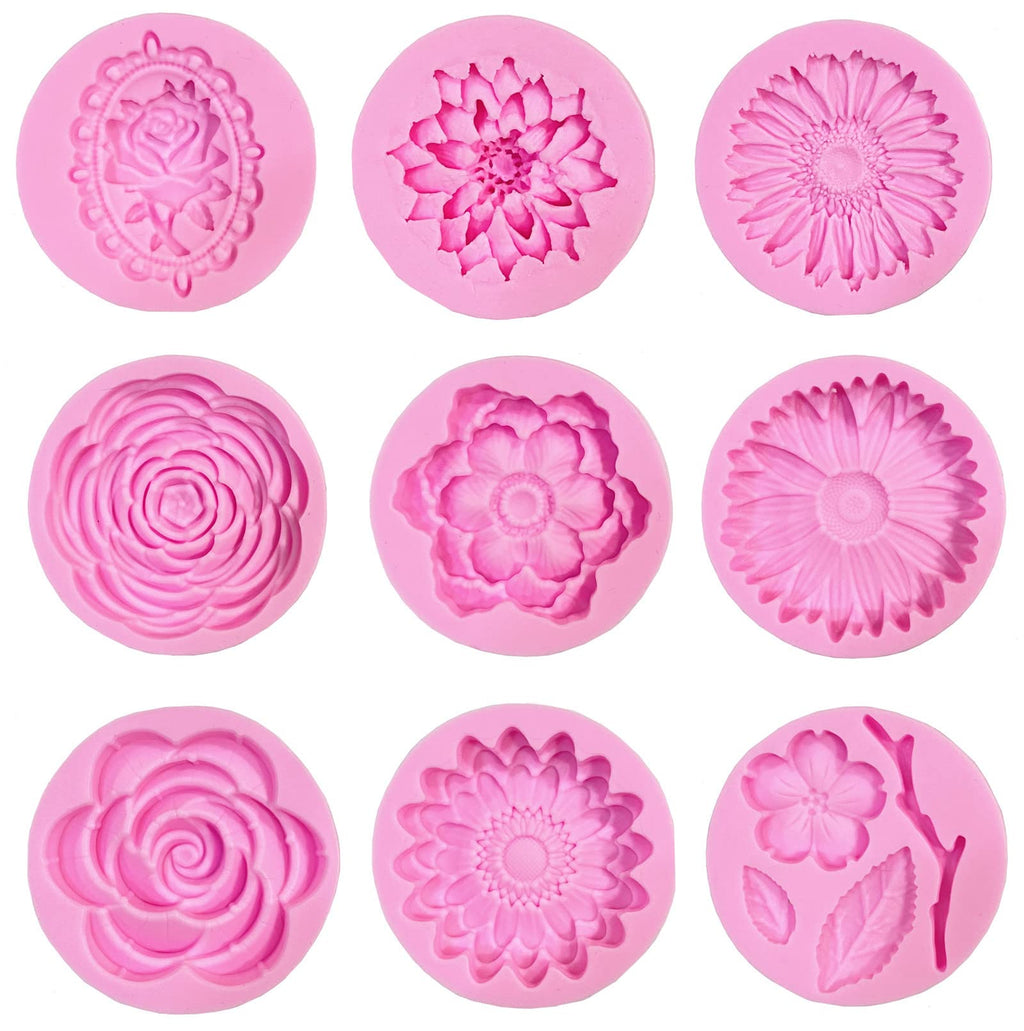 DD-life 9 Pcs Flowers Fondant Molds Silicone for Cupcake Dessert
