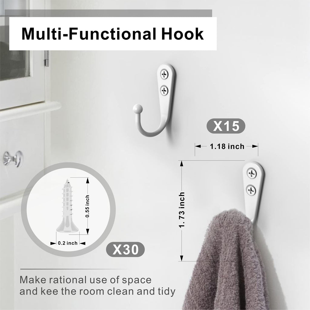 PRIGVOT 15-Pack White Wall Mount Hooks for Hanging Coats & Towels