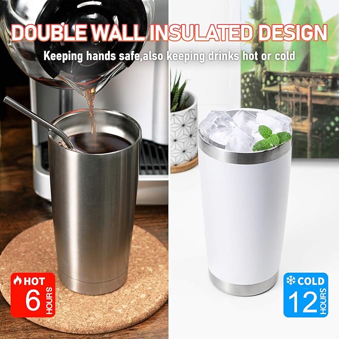 COMOOO 20oz Double Wall Vacuum Insulated Travel Mug, Stainless Steel Tumbler with Lid and Straw Durable Powder Coated Insulated Coffee Cup for Cold & Hot Drinks (Army Green, 2 Pack