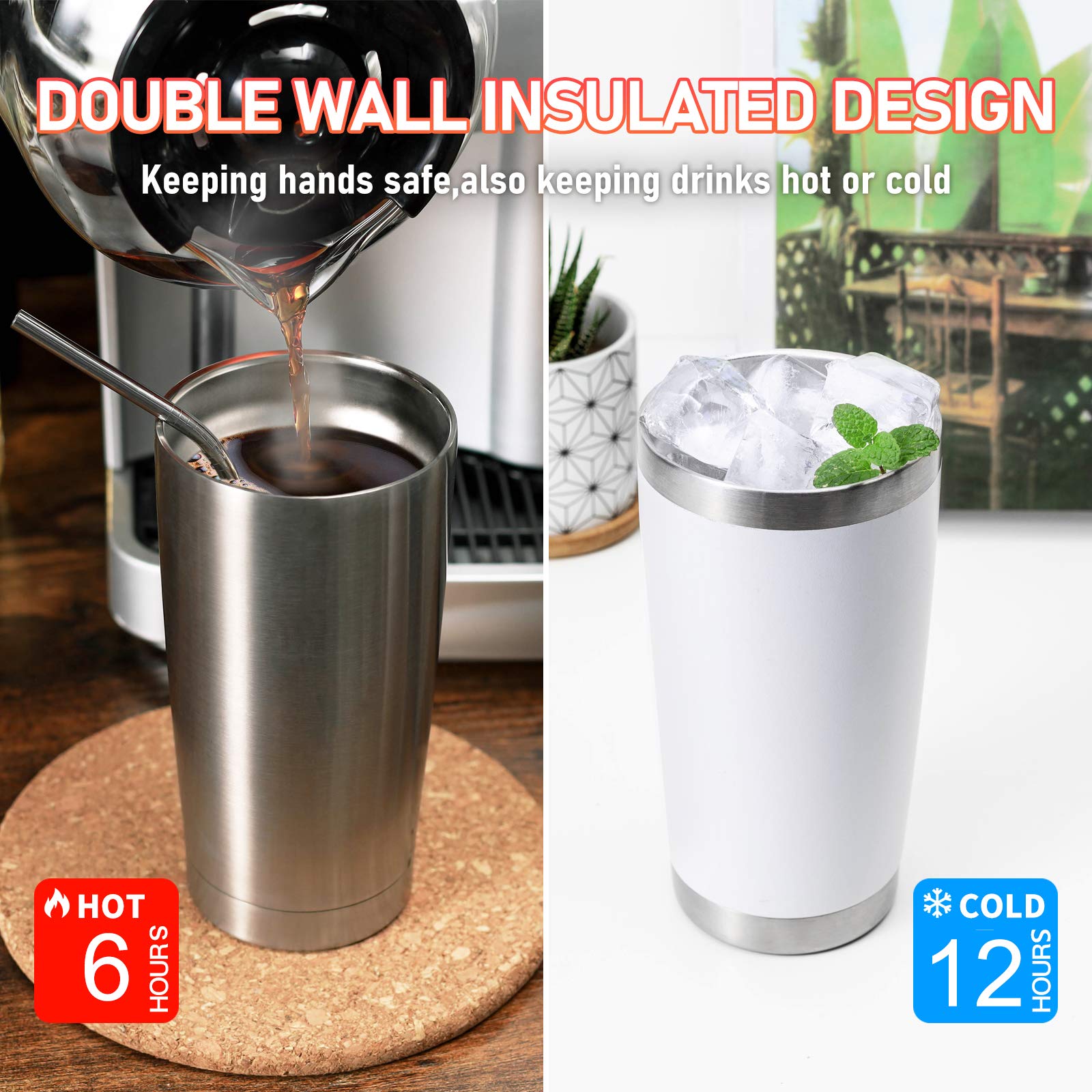 COMOOO 20oz Stainless Steel Tumbler Double Wall Vacuum Coffee Cup Insulated Travel Mug with Lid and Straw Durable Powder Coated Insulated Coffee Cup for Cold & Hot Drinks (Silver, 12 pack