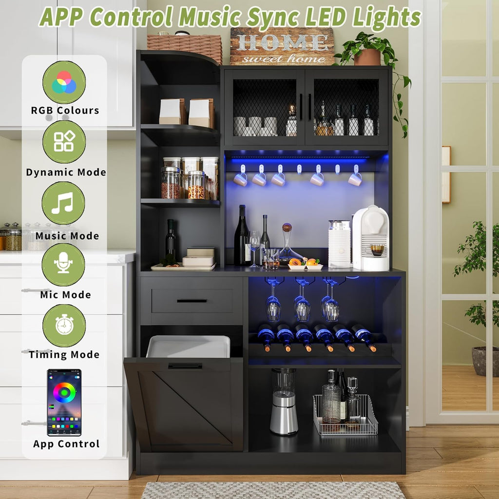 DynJest 67.3" Tall Modern Black Kitchen Pantry Storage Cabinet with Drawer and Shelves, Tilt Out Trash Can, Coffee Bar Wine Cabinet with LED Lights and Power Outlet, Wine Glass Rack, 2 Mesh Doors