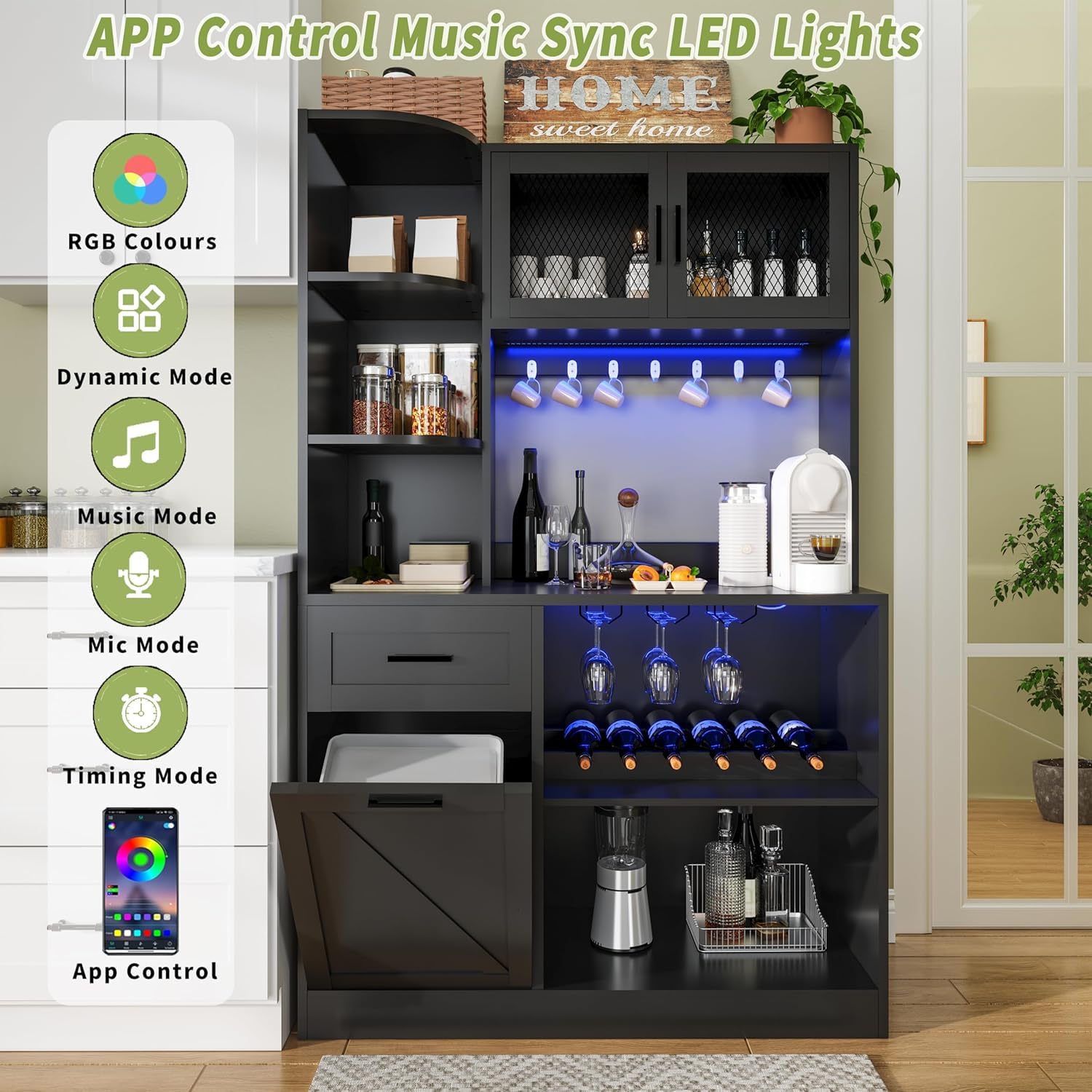 DynJest 67.3" Tall Modern Black Kitchen Pantry Storage Cabinet with Drawer and Shelves, Tilt Out Trash Can, Coffee Bar Wine Cabinet with LED Lights and Power Outlet, Wine Glass Rack, 2 Mesh Doors
