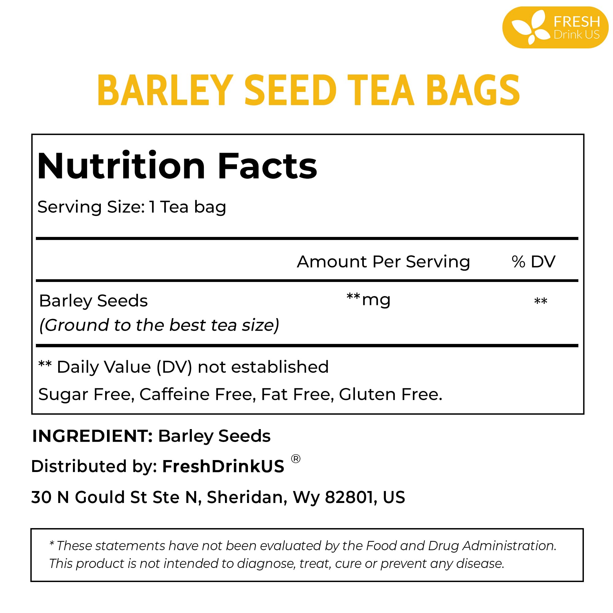 FreshDrinkUS, Premium 50 Barley Tea Bags, 100% Natural & Pure from Barley. Herbal Tea. Made with Natural Material Tea Bags. No Sugar, No Caffeine, No Gluten, Vegan.