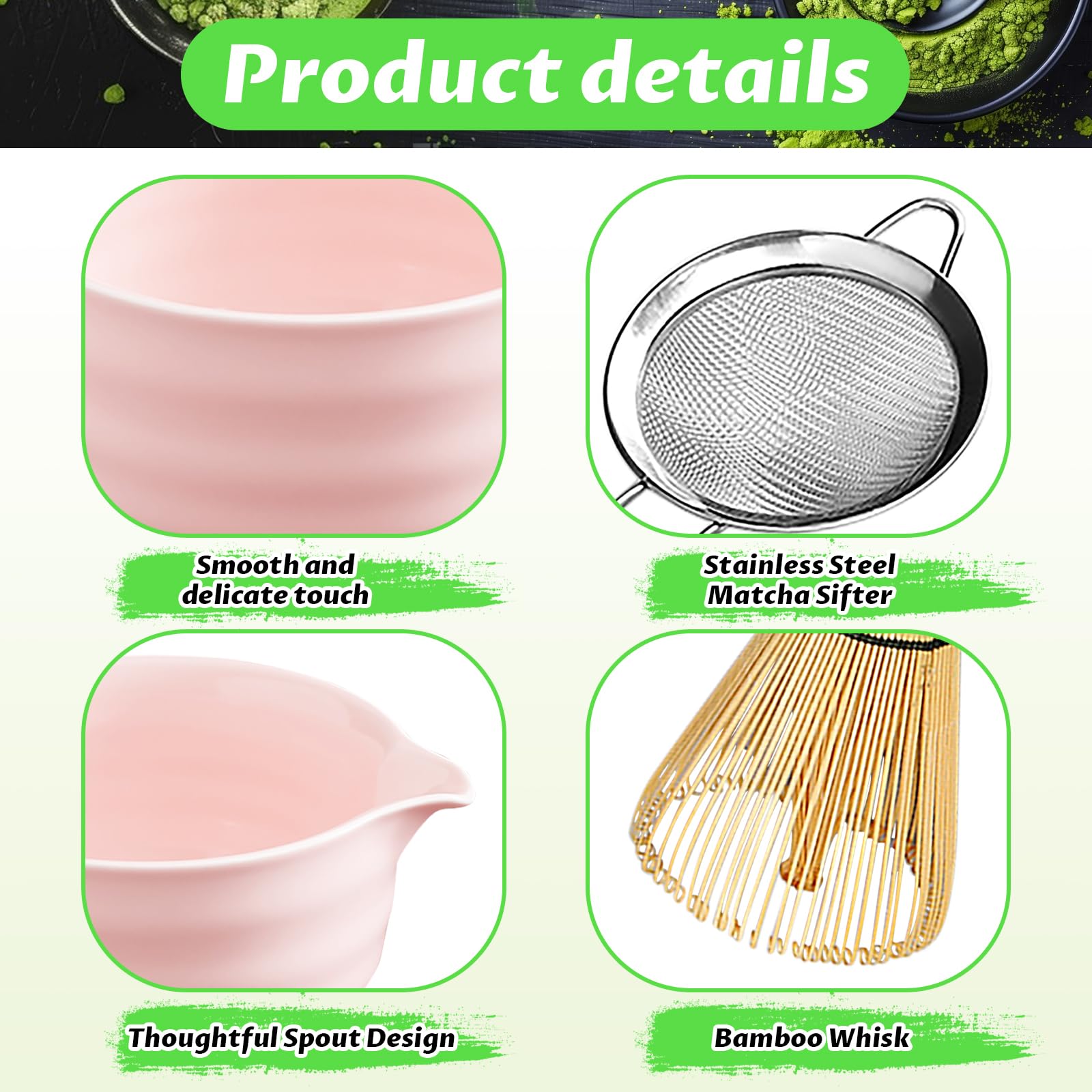 Matcha Set, 6 Pcs Matcha Whisk Set with 20 oz Bowl, Bamboo Whisk for Matcha Tea, Matcha Bowl, Ceramic Matcha whisk Holder, Stainless Sifter and Scoop - Gift for matcha kit Lovers（Pink）