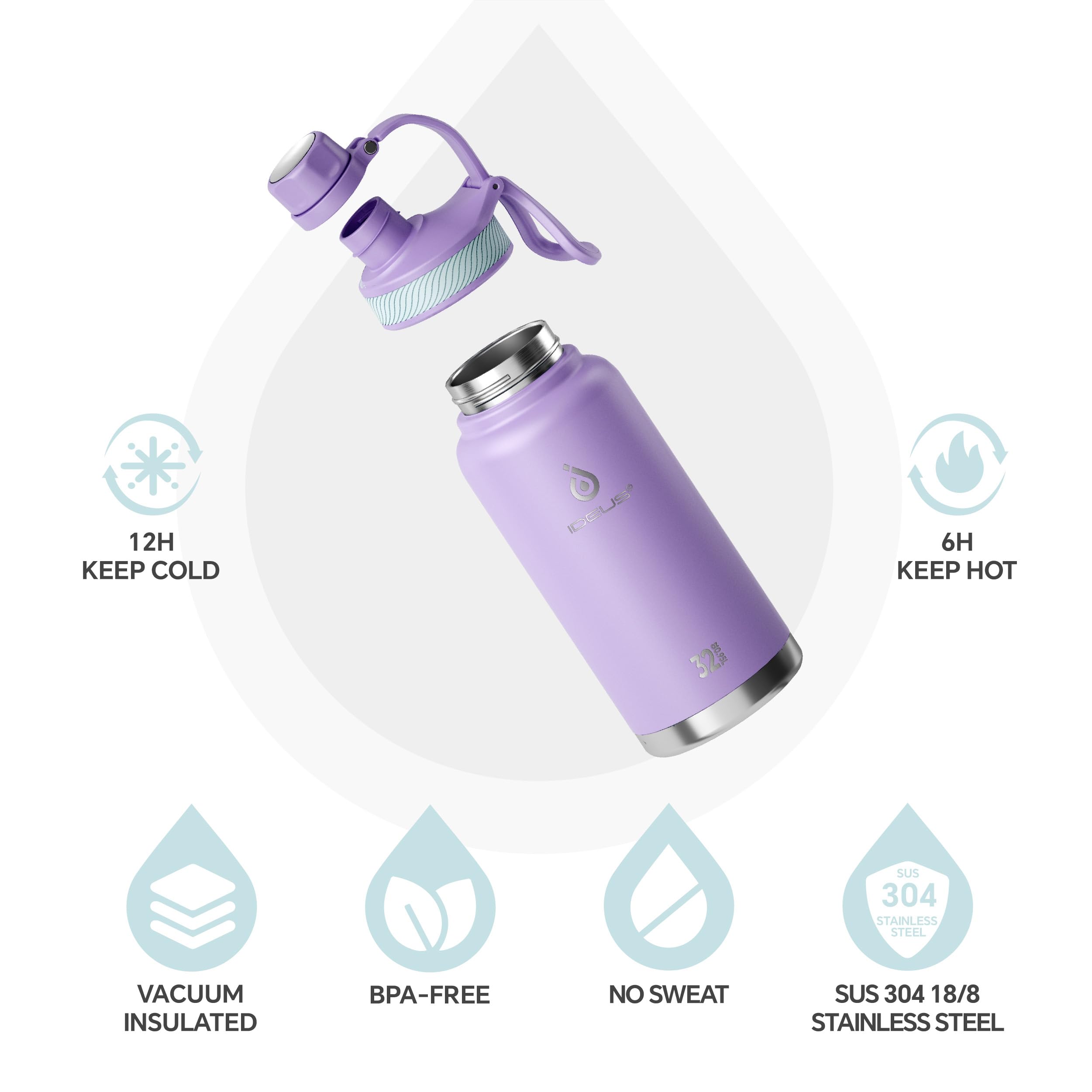 IDEUS Insulated Stainless Steel Water Bottle with 2 Leak-Proof Lids, Thermal Water Flask for Hiking Biking, 32oz, Violet
