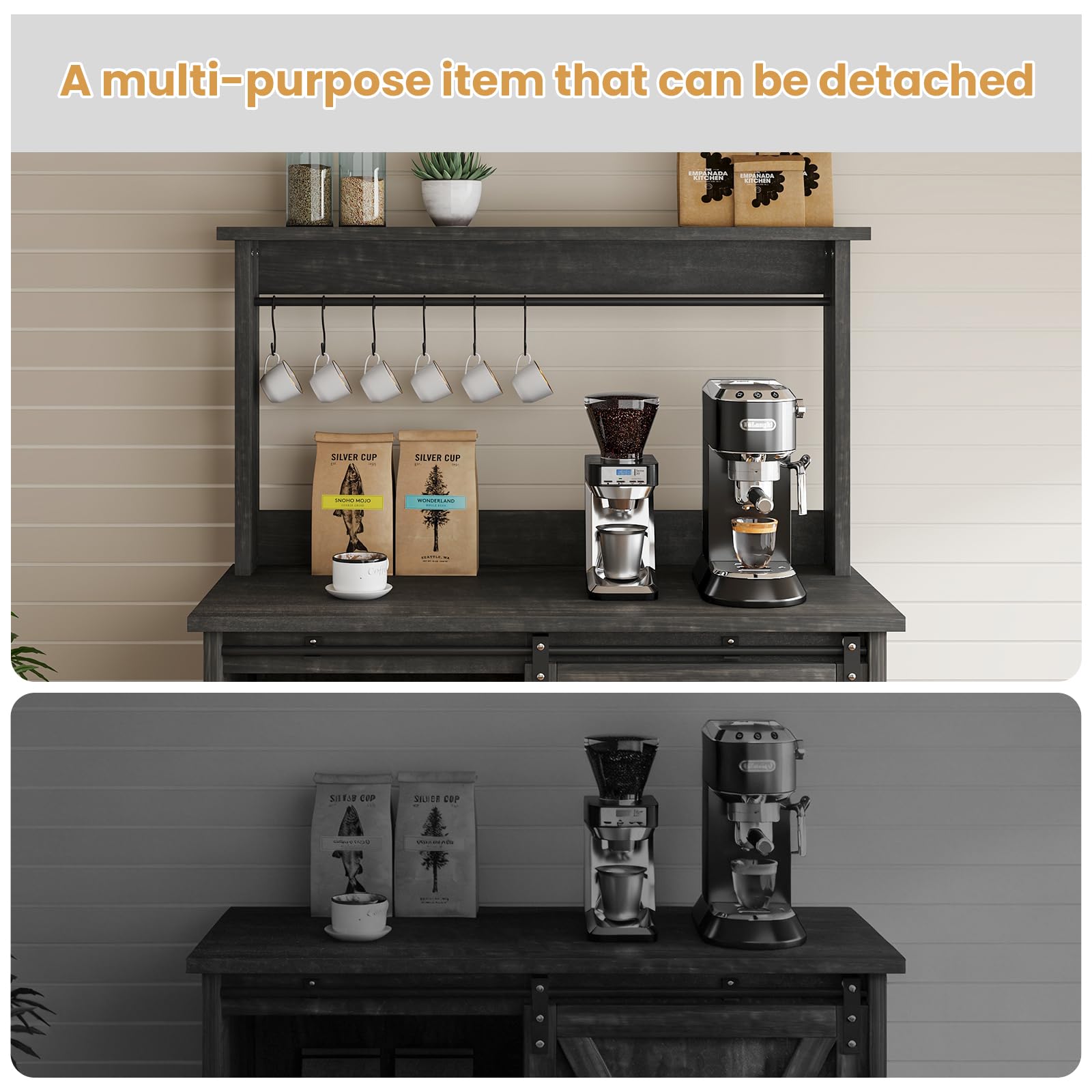 4ever2buy Farmhouse Coffee Bar Cabinet with Sliding Barn Door, 31.5", Dark Oak
