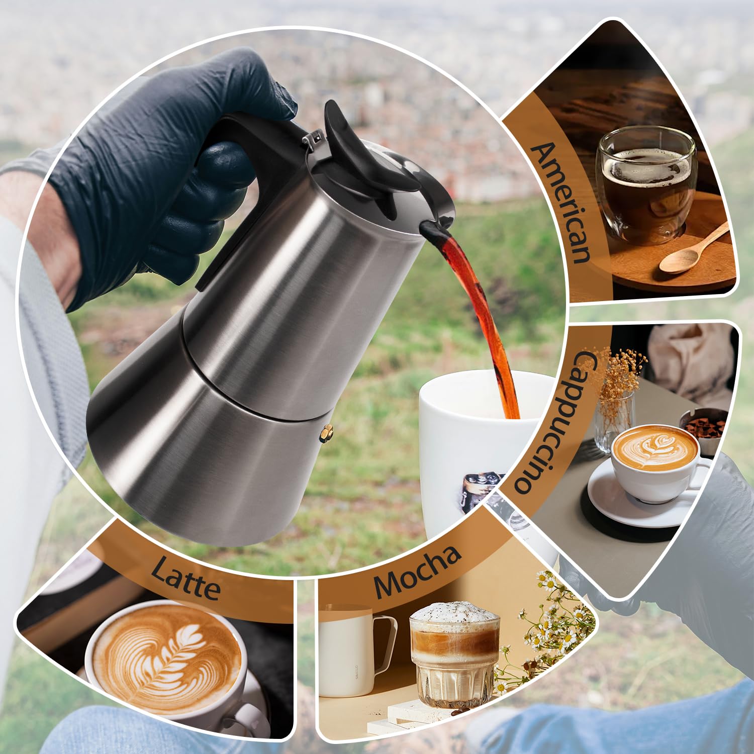 Vaolvpant Electric Stainless Steel Moka Pot 6 Cup 300ml Mocha Pot