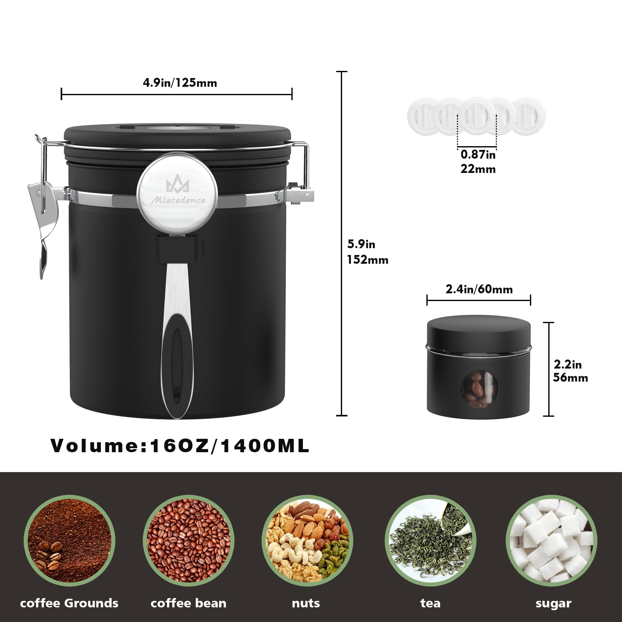 Miscedence Coffee canister set for ground coffee with Date Tracker,Co2 Valve,Travel jar,Stainless Steel Kitchen Food Airtight storage container for Coffee Beans or Grounds,Tea,Sugar (16oz-Black)