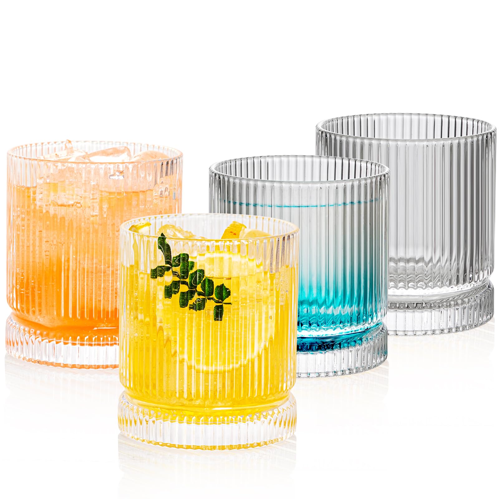 POLIDREAM Ribbed Glass Cups Set, 390ml Vintage Drinking Glassware Set of 4, Cocktail Glasses, Low Ball Ribbed Glassware, Mixed Glassware Set, Premium Whiskey Glasses, Ideal for House of Glass