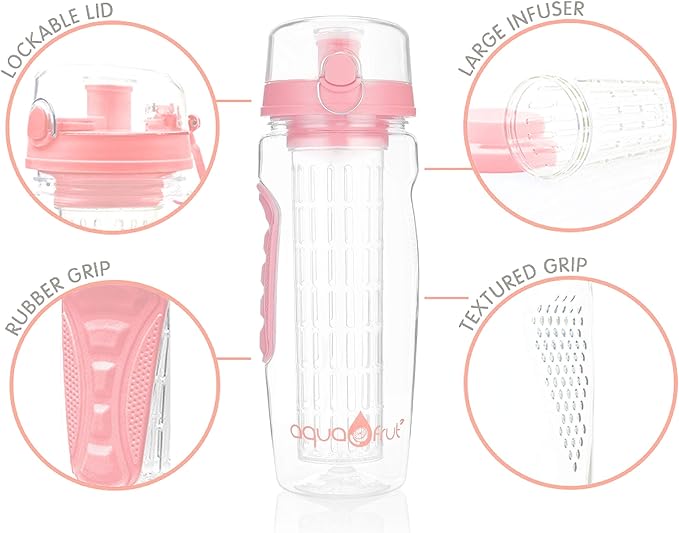 AquaFrut 32 OZ Fruit Infuser Water Bottle BPA-Free Fruit Infusion Sports Bottle - Flip Top Lid w Drinking Spout, Leak Proof, Made of Durable Tritan. Free Recipe eBook! (Rose)