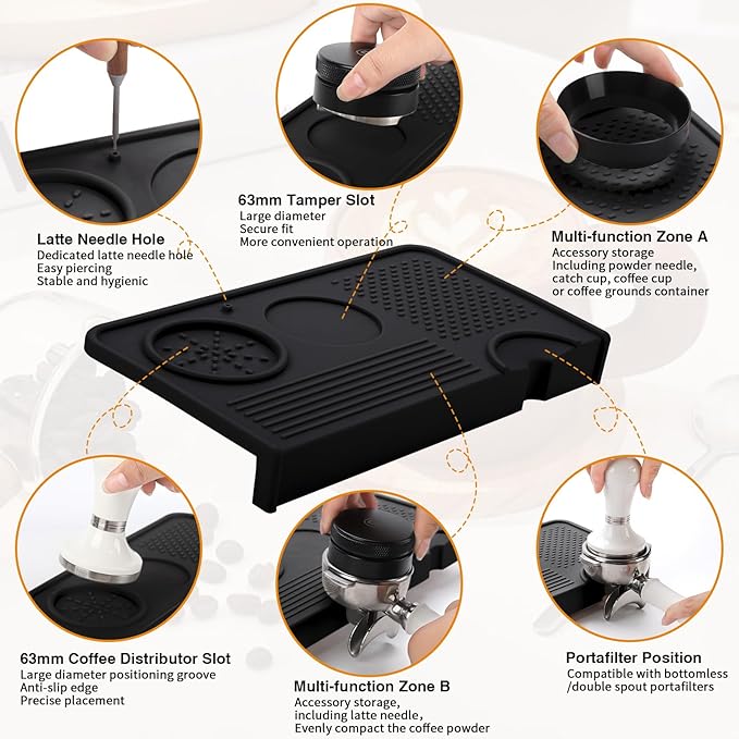 Espresso Tamping Mat, Coffee Tamper Mat, 10.4×5.6 In Silicone Coffee Matt for Counter, Espresso Machine Accessories, Waterproof and Heat Resistant Tamp Mats for Espresso Coffee Station(Black)