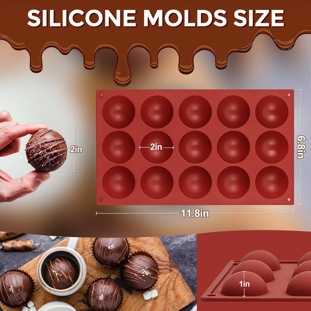 Fimary Medium 15-Cavity Semi Sphere Silicone Molds Non-Stick,2 Packs 2"Half Sphere Silicone Baking Molds for Making Jelly, Cake, Chocolates Bombs