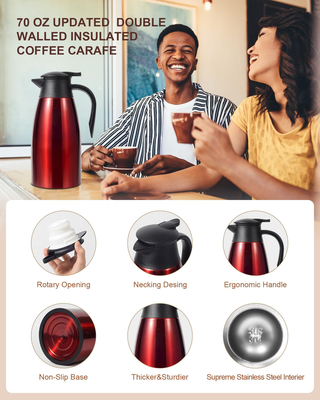 70oz Thermal Coffee Carafe, Updated Insulated Stainless Steel Coffee Carafes for Keeping Hot Coffee & Tea Hot Beverage-12Hours, Double Walled Vacuum Coffee Carafe