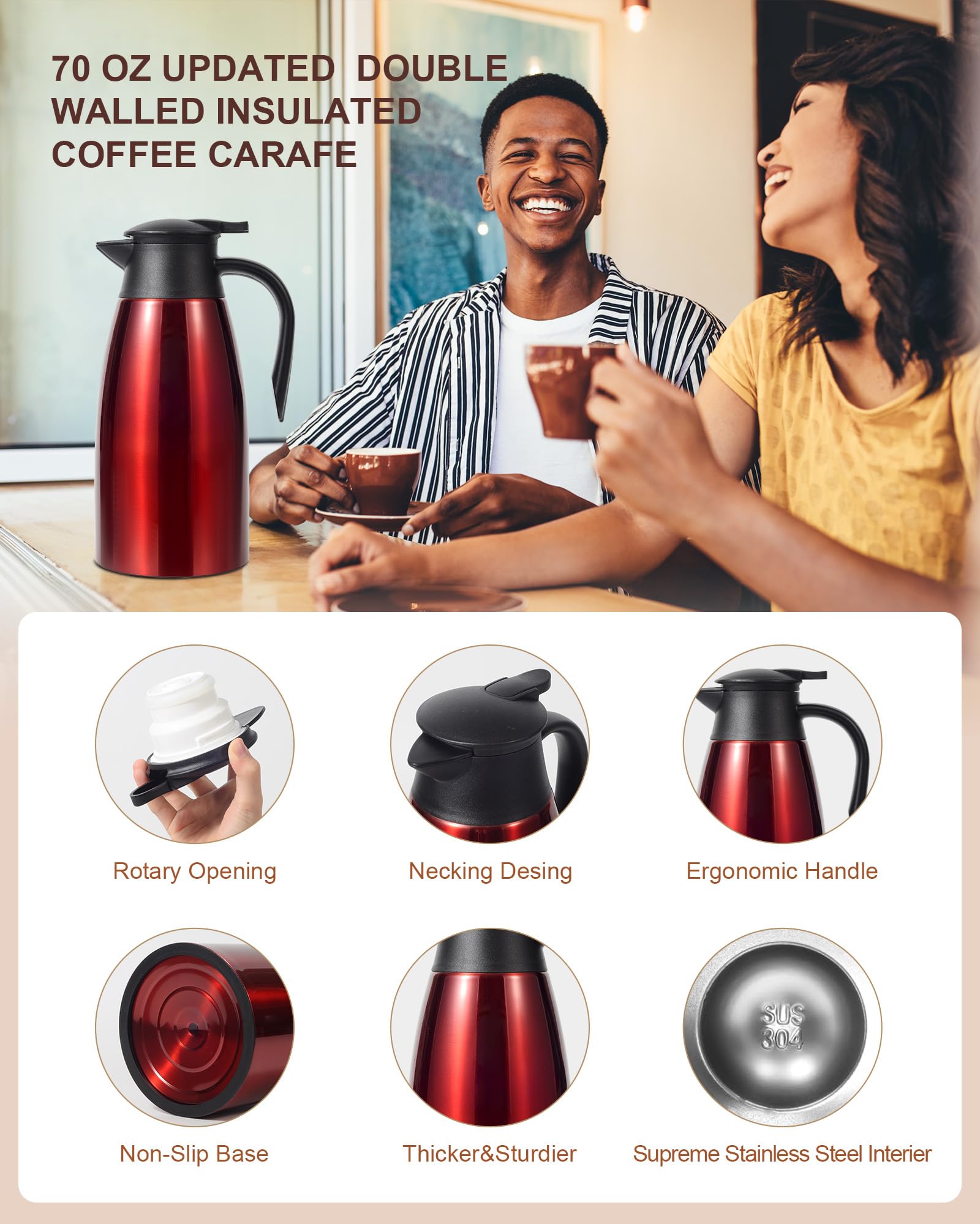 70oz Thermal Coffee Carafe, Updated Insulated Stainless Steel Coffee Carafes for Keeping Hot Coffee & Tea Hot Beverage-12Hours, Double Walled Vacuum Coffee Carafe