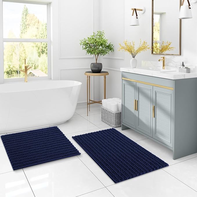 Arotive Luxury Chenille Bathroom Rug Mat, Extra Soft Thick Absorbent Shaggy Bath Rugs, Non-Slip Machine Wash Dry, Plush Bath Mats for Bathroom, Shower and Tub, 54x24, Navy