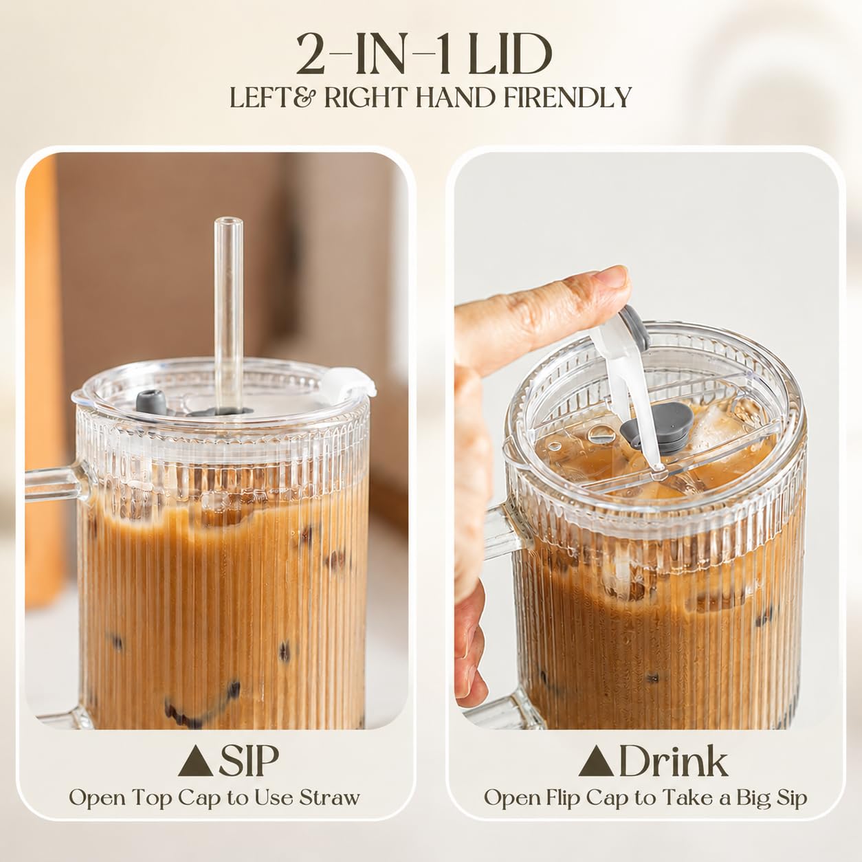 KEMORELA 24 Oz Ribbed Glass Tumblers with Lids and Straws, Tumbler Cup with Handle, Iced Coffee Glassware, Clear Reusable Drinkware for Smoothies and Beverages (1)