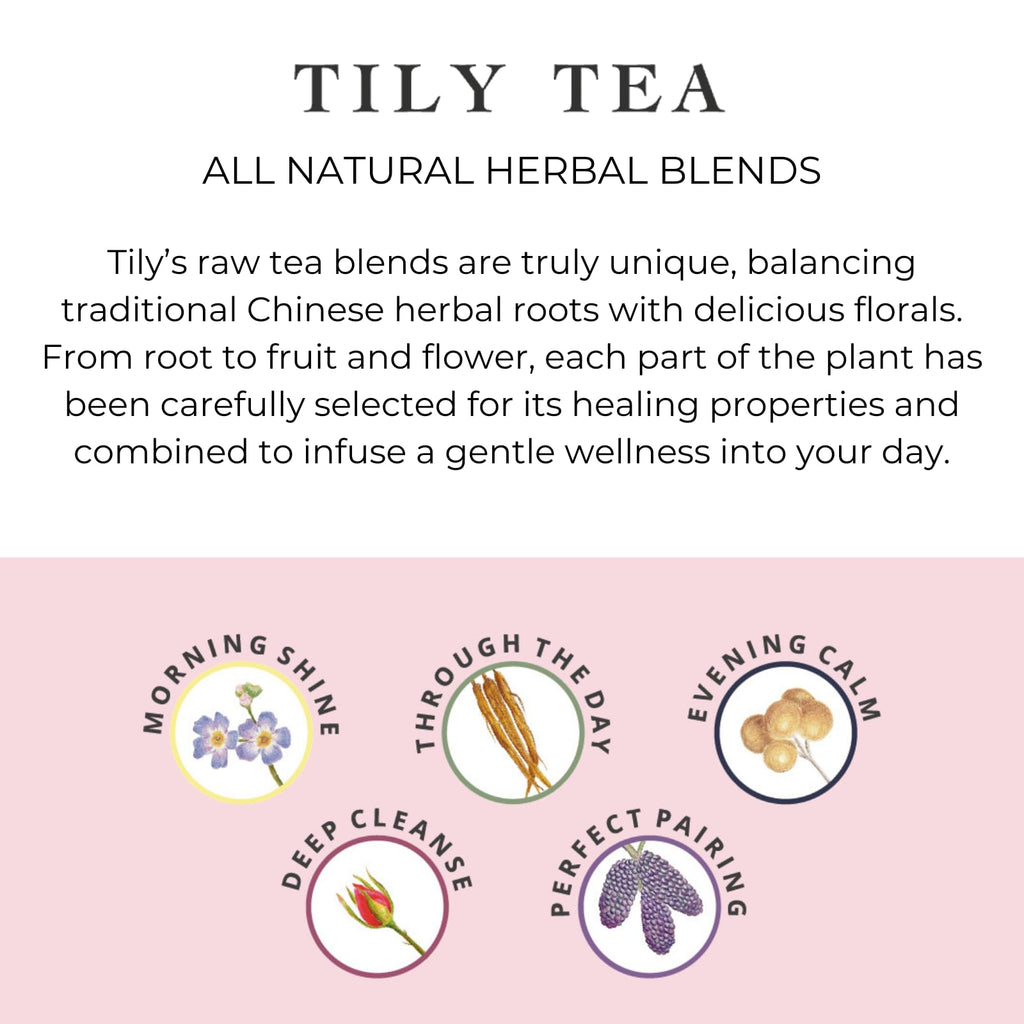 Tily Tea Assorted Herbal Tea Box - 5 Flavors of Caffeine-Free Tea - Morning Shine, Through the Day, Evening Calm, Perfect Pairing, Radiant Glow - 10 Plastic-Free Pyramid Tea Bags
