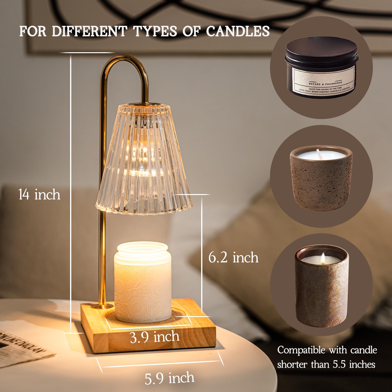 Marycele Candle Warmer Lamp with Timer, Vintage Amber Nightstand Decor Gift