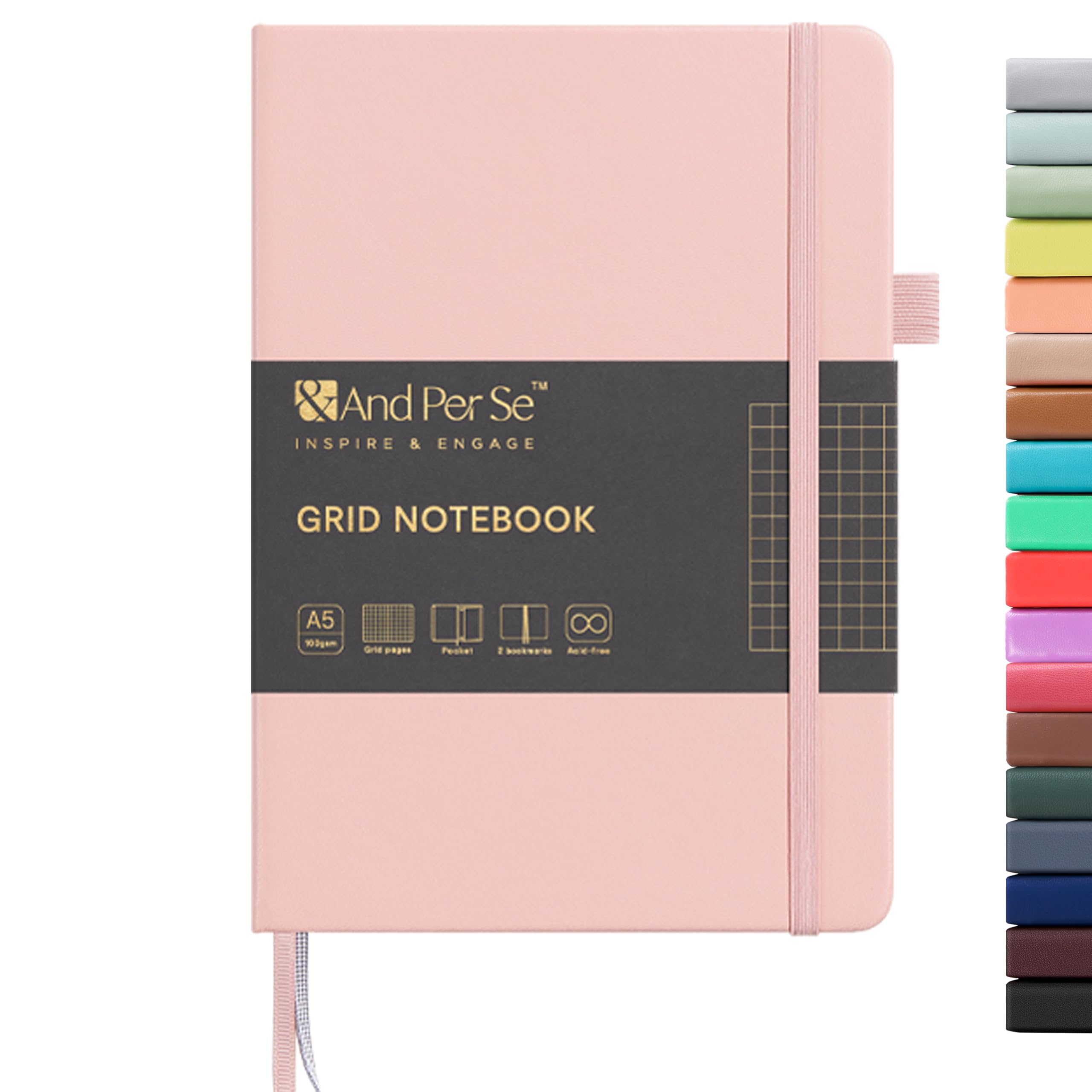&And Per Se Graph Notebook, 5mm Grid, A5 Hardcover, 160 Pages 100gsm Thick Paper, Grid Journal for Diagrams, Wireframes, CAD Sketches (Pink)
