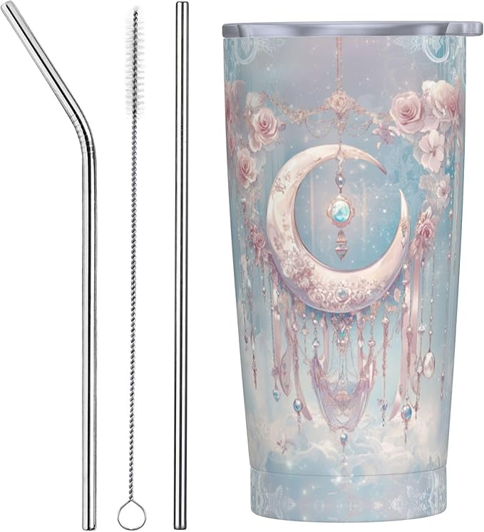 Moon Tumbler with Lid and Straw 20oz Coffee Tumblers Leakproof Stainless Steel Travel Mug Vacuum Insulated Cup for Iced and Hot