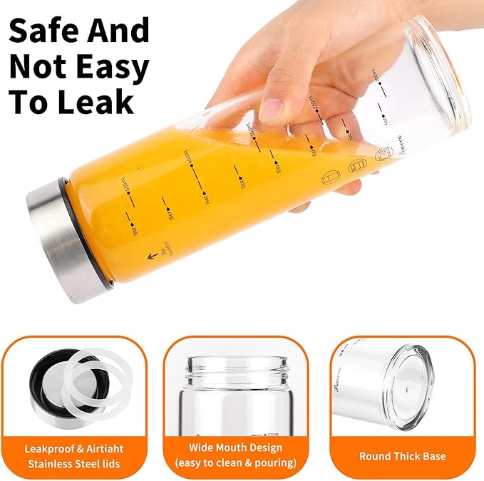 Glass Juice Bottles 4 Pack 12 oz - Wide Mouth Glass Water Bottles with Lids - for Juicing, Protein, Smoothie, Milk, Reusable, BPA Free, Stainless Steel Lids, Blender, Shaker Bottle [12oz/400ml]