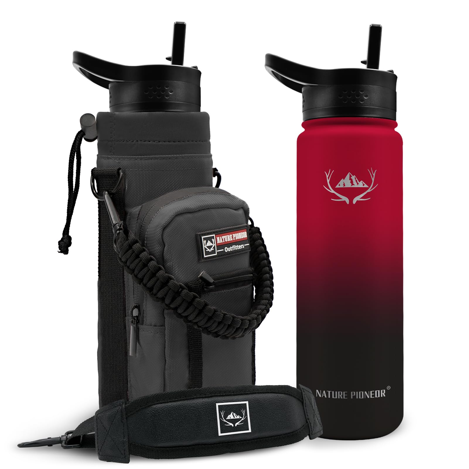 NATURE PIONEOR 24 oz Insulated Water Bottle with Carrier Bag & 3 Lids