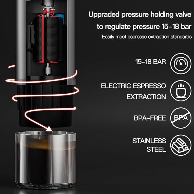 CONQUECO Portable Espresso Coffee Machine: 12V Electric Small Travel Expresso Maker - Self Heating 8 Cups Battery Powered Compatible for Nespresso Capsule - for Camping RV Hiking Office (Brown)