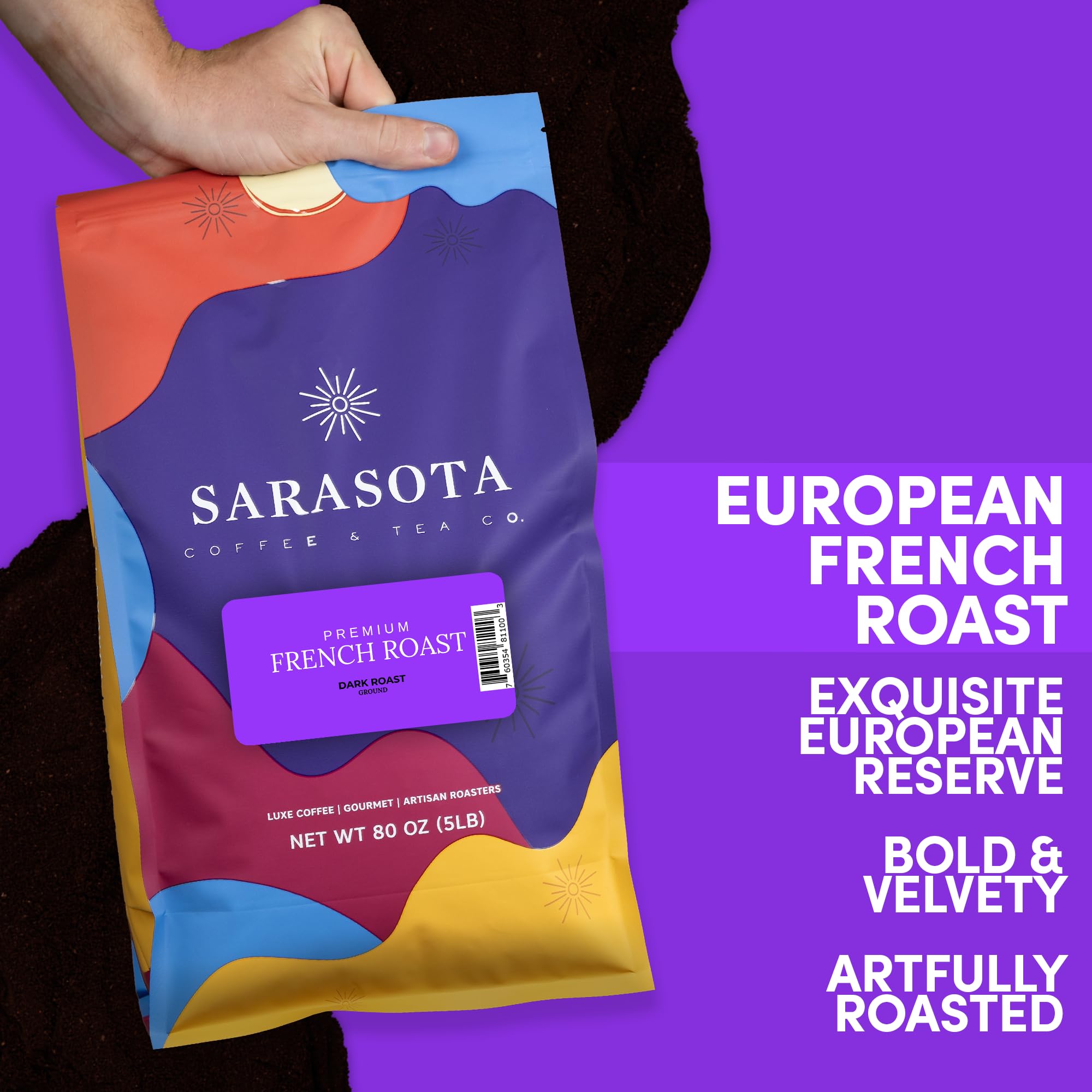 Sarasota Coffee Ground Cubano European French Roast | Dark Roast Gourmet Coffee Grounds | Low Acid, Mold Free, Specialty Grade Bulk Ground Coffee | 5lb (80 oz)