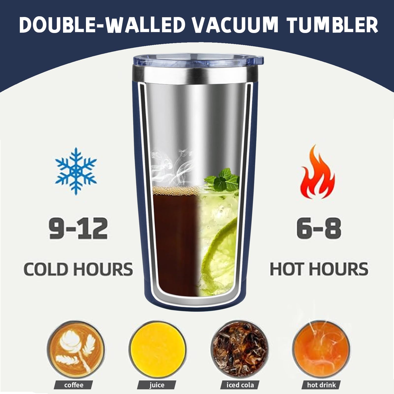 GUDEMAO 20 oz Tumbler with Lids and Straws, Stainless Steel Insulated Coffee Tumbler, Double Wall Vacuum Insulated Travel Mug Cup, Leakproof Thermal Coffee Cup for Hot and Cold Drinks (navy blue)