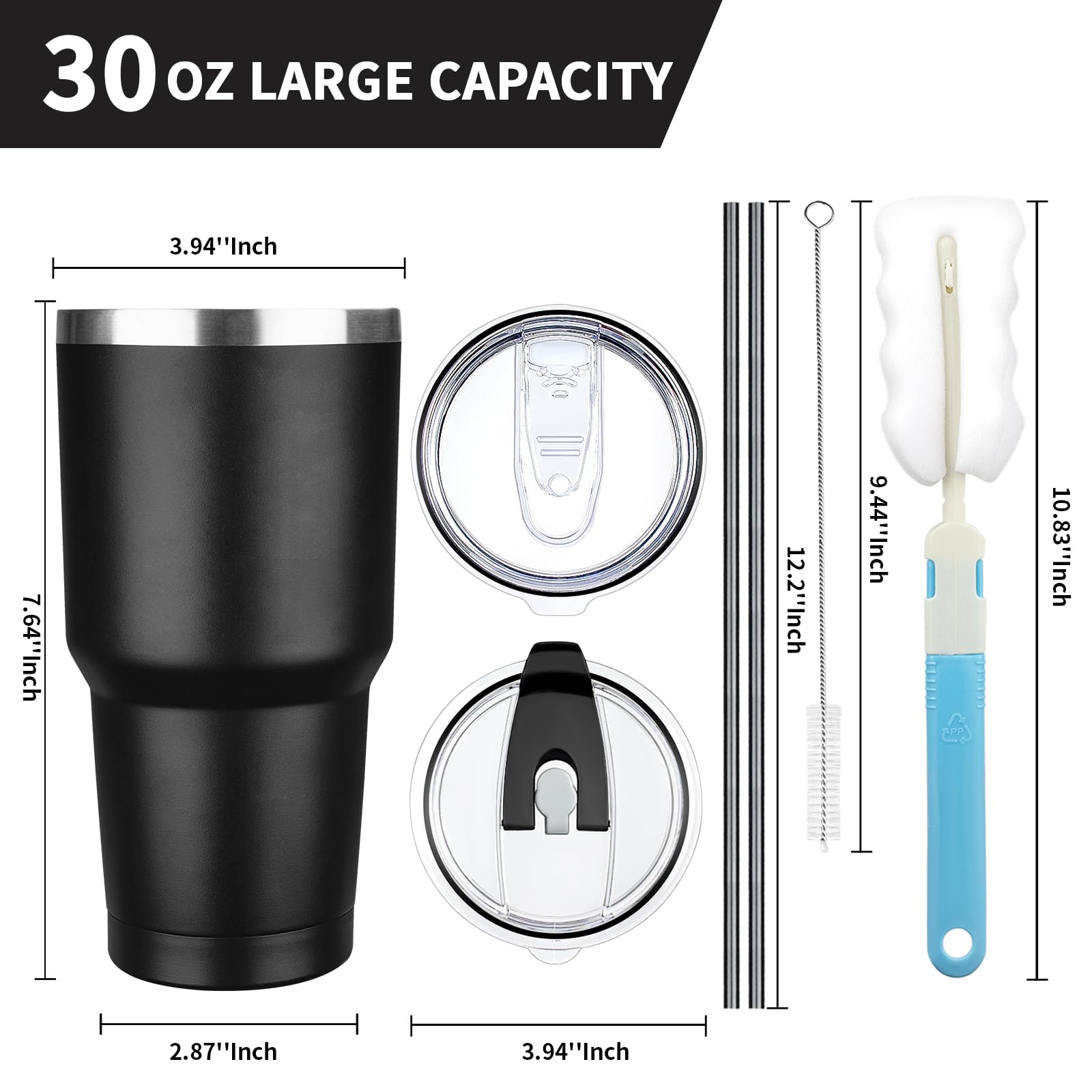 GUDEMAO 30 oz Tumbler with Lids and Straws, Stainless Steel Insulated Coffee Tumbler, Double Wall Vacuum Insulated Travel Mug Cup, Leakproof Thermal Coffee Cup for Hot and Cold Drinks (Black)