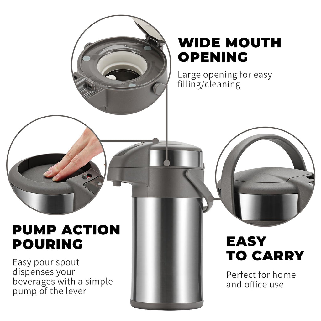 OJOJ 4L/133OZ Thermal Coffee Carafe with Pump, Thermal Beverage Dispenser, Coffee Airpot Stainless Steel Coffee Carafe for Hot Drinks Silver
