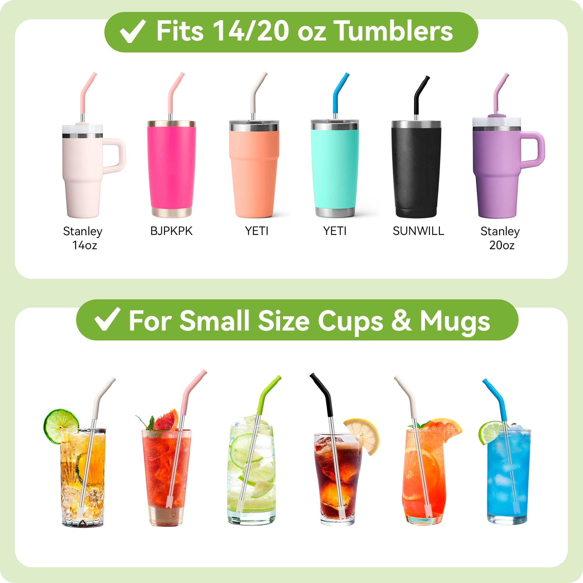 Metal Straws With Silicone Tip For Stanley Adventure Quencher H2.0 Tumbler 14 oz 20 oz, Short Straw Replacement Stainless Seel Straws Reusable For STANLEY Cups 14oz,20 oz, Dishwasher Safe(Apple Green)