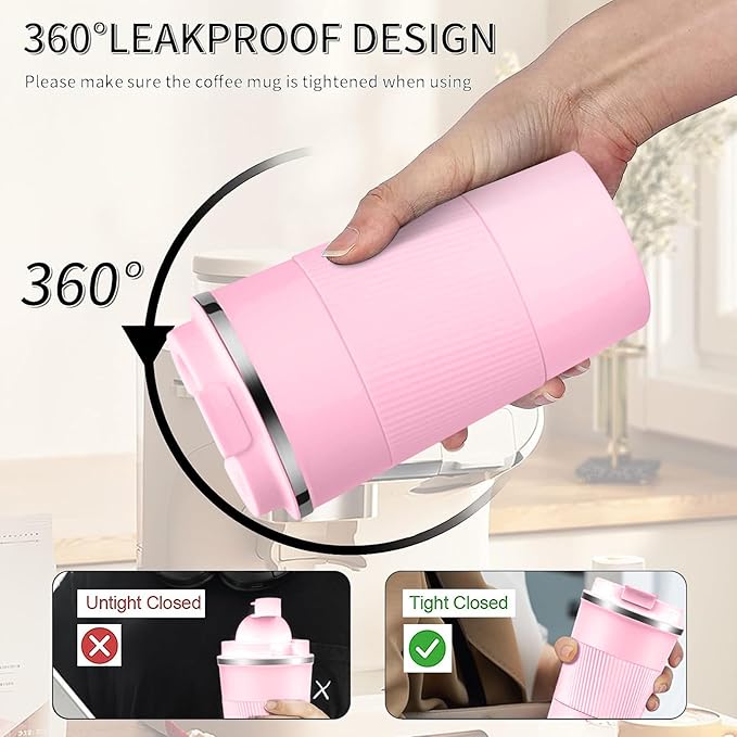 YINBAOGE Insulated Travel Coffee Mug Spill Proof Leak Proof Pobtable To Go Camping Stainless Steel Coffee Tumbler Reusable Coffee Cups with Lids Thermos for Hot and Cold Drink (Pink, 17 OZ)