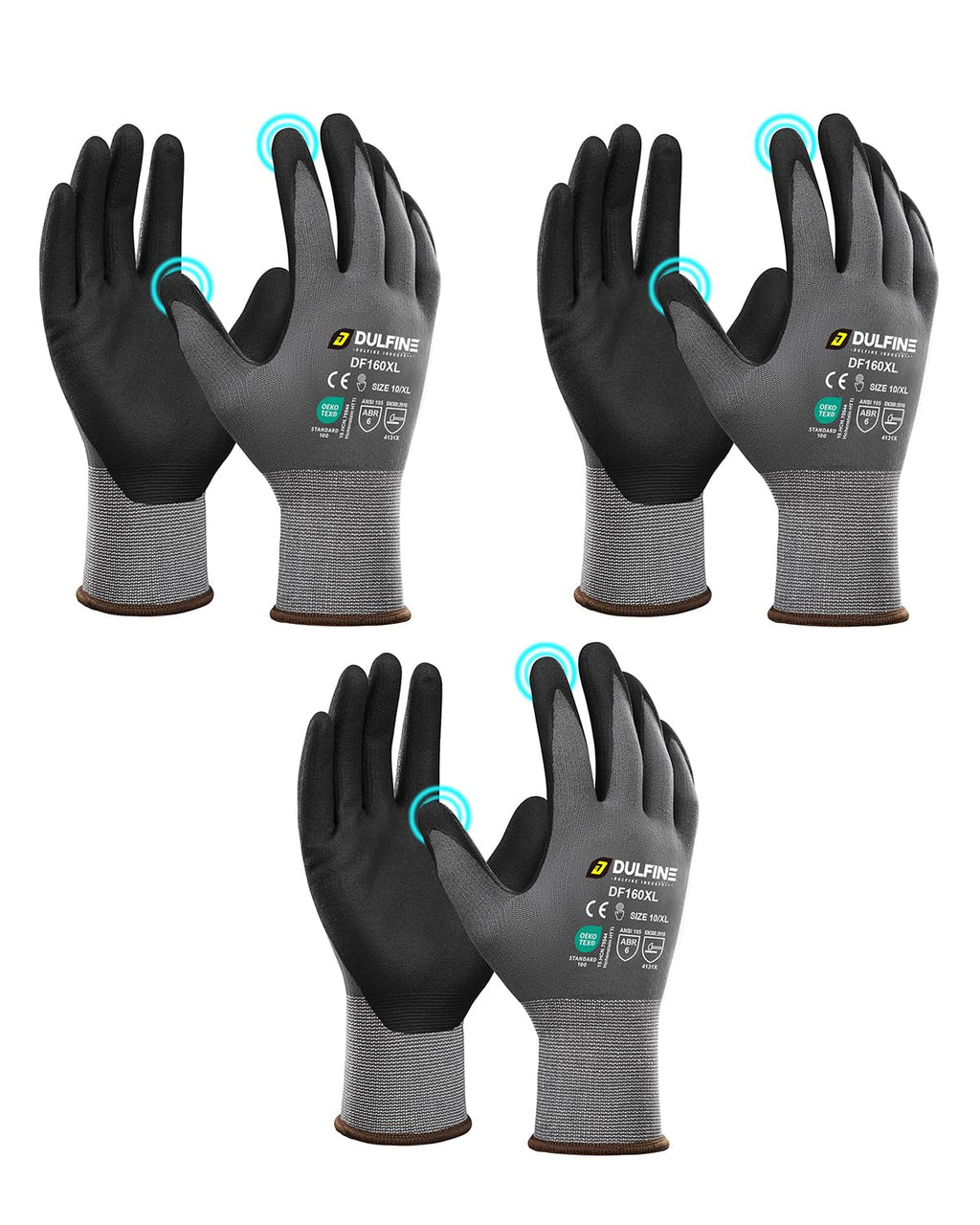 DULFINE MicroFoam Nitrile Coated 3 Pairs Work Gloves for Men Grey S