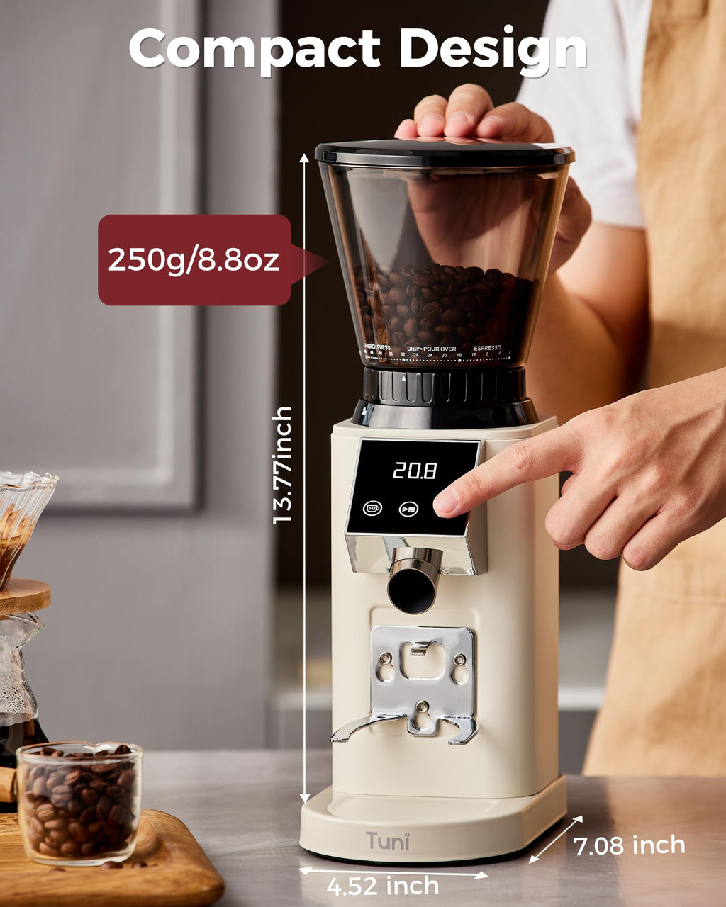 Tuni G1 Conical Burr Coffee Grinder, 48 Grind Settings, Ivory