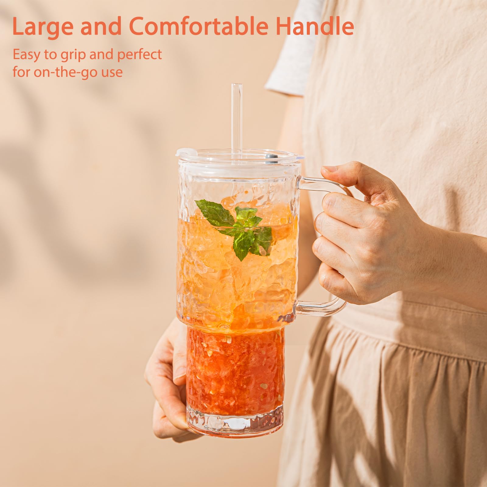 SoulTimes 26oz Water Ripple Glass Tumbler with Handle & Lid, Reusable Iced Coffee Cups with Straws – Set of 2, Glass Cups for Smoothies, Juice, Coffee, Tea – Travel Mugs for Daily Use