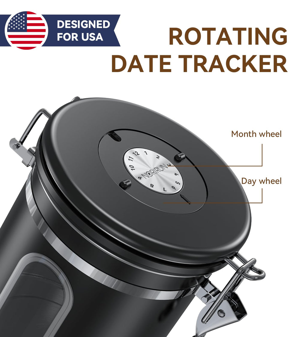 NORIRUN Coffee Canister With Window,16oz Stainless Steel Airtight Coffee Bean Storage Grounds Container with Date Tracker and Scoop,Grounds Kitchen Food Canister Jar for Beans,Tea,Sugar,Flour,Cereal